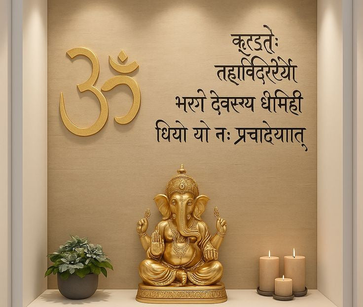 Golden idol of Lord Ganesha placed in a serene home mandir setup, with the sacred 'ॐ' symbol and Gayatri Mantra in Sanskrit on the background wall. Surrounded by green potted plant and lit candles, creating a peaceful and divine ambiance.